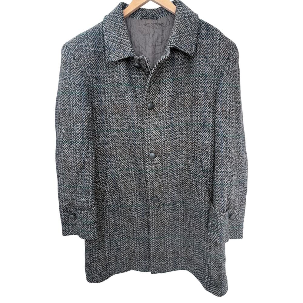 Prendina Kynoch Keith Scotland Wool Coat Mens Large Gray Herringbone Plaid